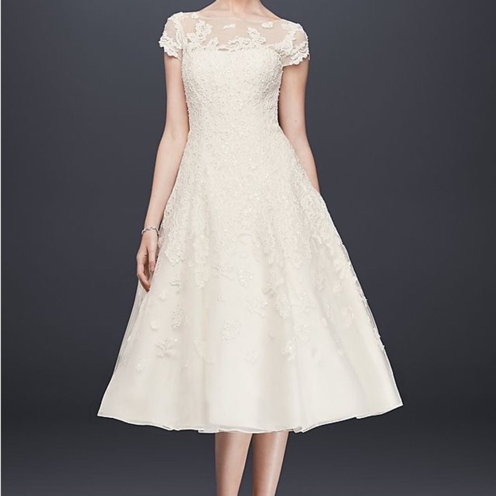 Oleg Cassini Cap Sleeve Illusion Tea Length Wedding Dress